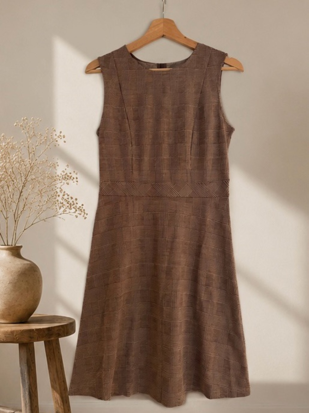 Allegra K Brown Tweed Sleeveless A-Line Mini Dress